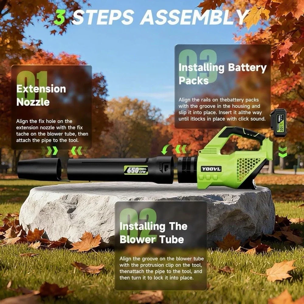 Leaf Blower Cordless, 650CFM Electric Leaf Blowers with 2 x 5.2Ah Batteries